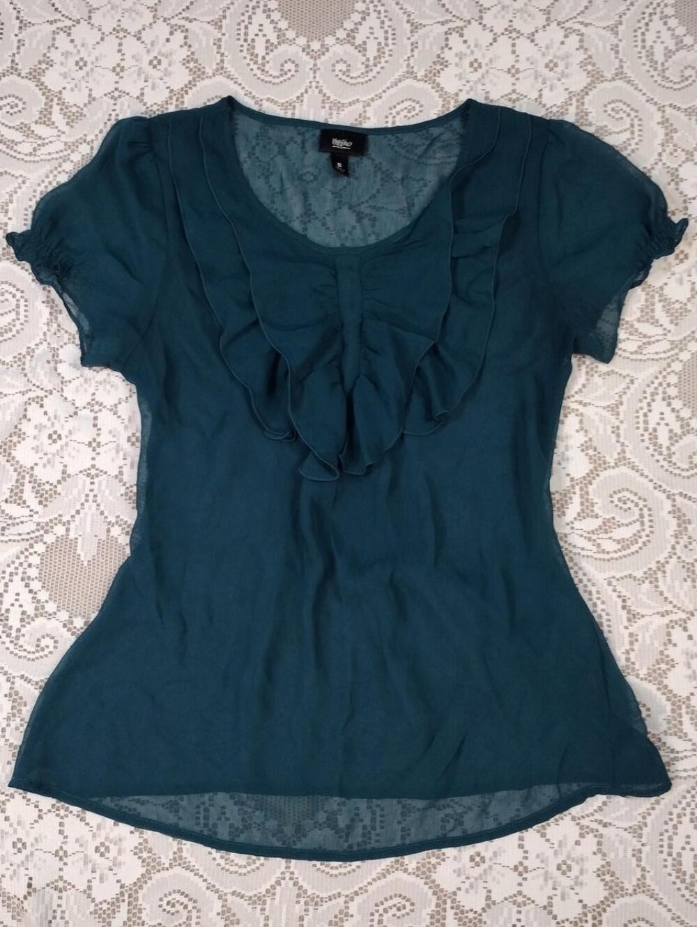 fully sheer teal blue ruffle blouse with puff sleeves